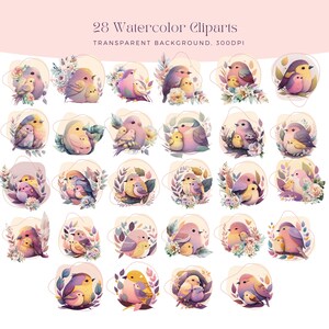 May include: 28 watercolour clipart illustrations of birds with floral accents. Each bird is depicted in a circular frame with a watercolour background. The birds are in various poses, including sitting, flying, and nesting. The colours are soft and pastel, with shades of pink, purple, blue, and green.