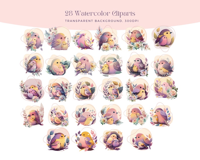 May include: 28 watercolour clipart illustrations of birds with floral accents. Each bird is depicted in a circular frame with a watercolour background. The birds are in various poses, including sitting, flying, and nesting. The colours are soft and pastel, with shades of pink, purple, blue, and green.