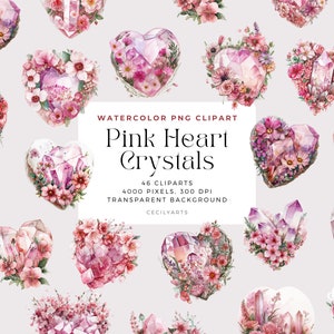 Pink Heart Crystals PNG, Watercolor Gemstones Clipart, Elements, Commercial Use, Digital clipart PNG