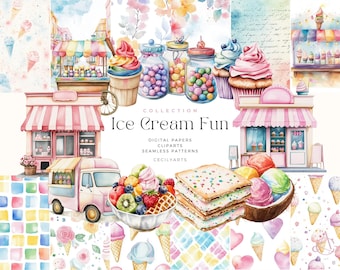 Watercolor Ice Cream Clipart: Summer Desserts, Seamless Patterns (Digital PNG)