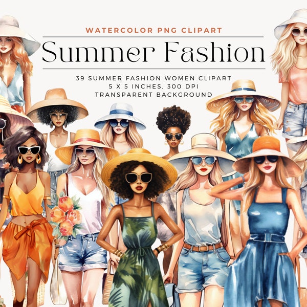 Watercolor Summer Fashion Clipart, Fashion girl clipart, Black girl clipart, Summer clipart, Fashion woman clipart, Commercial License