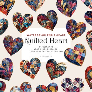 Puede incluir: Un conjunto de 74 imágenes digitales de clipart de acuarela de corazones acolchados en varios colores y patrones. Los corazones están decorados con detalles dorados y florales. Las imágenes son perfectas para proyectos de manualidades, scrapbooking y diseño digital.
