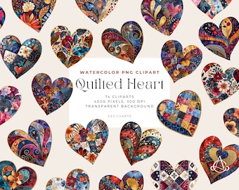 Coeur matelassé, coeur patchwork, patchwork PNG, Clipart de pierres précieuses aquarelle, éléments, usage Commercial, clipart numérique PNG