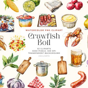 May include: A watercolour clipart set depicting a crawfish boil. The image includes crawfish, corn, lemons, limes, a pot, cutting boards, and beer. The text "Crawfish Boil" is displayed.