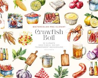 Crawfish Boil Clipart Bundle, High-Quality Watercolor Crawfish PNGs, Cajun Food Art, Digital Download, Sublimation Graphics, Seafood Party