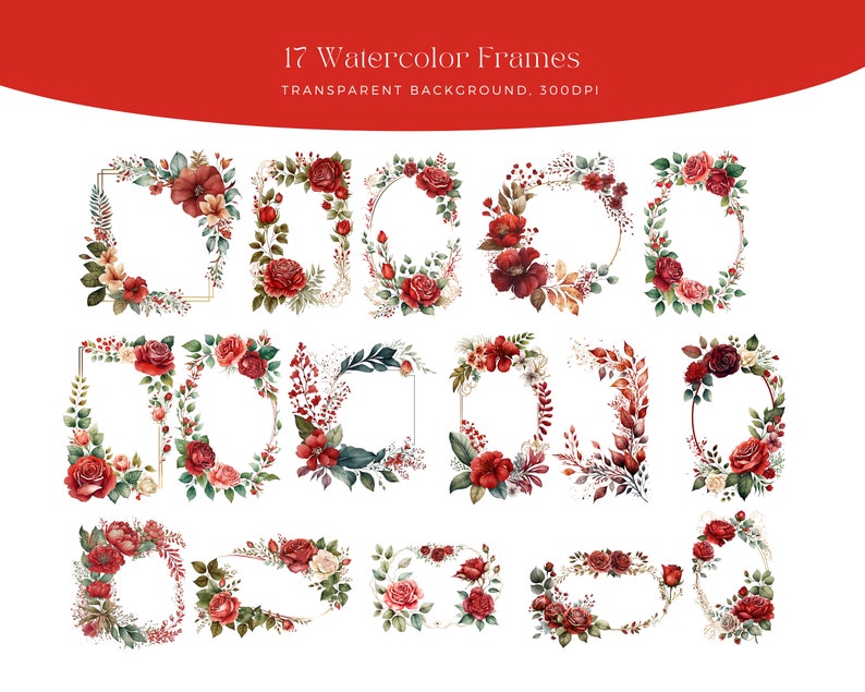 Peut inclure: 17 cadres aquarelle avec des motifs floraux rouges, blancs et verts. Les cadres sont parfaits pour ajouter une touche d'&eacute;l&eacute;gance &agrave; vos projets.