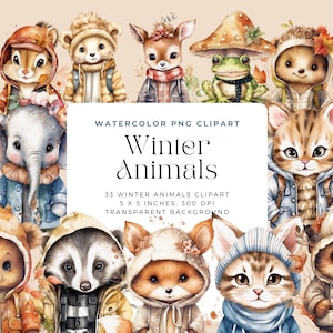 Watercolor Winter Animals clip art, animals Wearing jackets watercolor JPG, Winter Animal Clipart, cute watercolor animals, commercial use