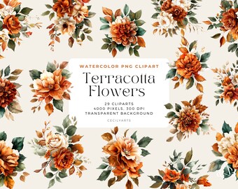 Clipart ad acquerello di fiori in terracotta, clipart di bundle di verde, clipart botanica, clipart ad acquerello, clipart di matrimonio, clipart di fiori