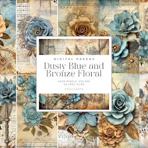 Dusty Blue and Bronze Floral Junk Journal Pages, Digital Download JPG, Decorative Paper, Junk Journal Pages, Collage Sheet, Commercial Use