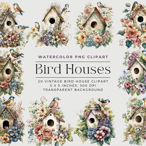 Vintage aquarel vogelhuisjes clipart, vintage bloemen vogelhuis camera, bruiloft, commerciële licentie