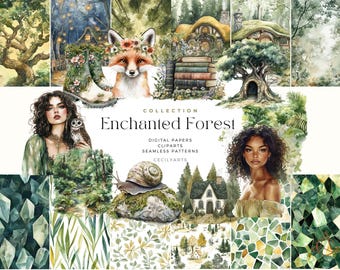 May include: A digital paper collection featuring watercolor illustrations of a whimsical forest with mushrooms, a fox, a snail, a cottage, and a woman with a bird. The collection includes digital papers, clipart, and seamless patterns. The text "Enchanted Forest" is featured in the center of the image.