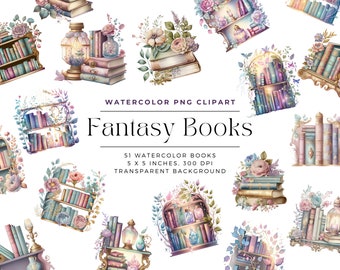 Watercolor Fantasy Bookshelf clipart, bookshelves, Floral Antique books, Commercial License