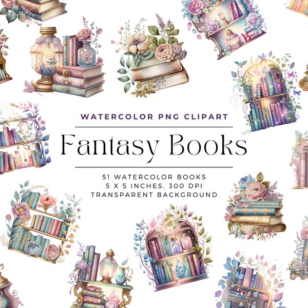 Watercolor Fantasy Bookshelf clipart, bookshelves, Floral Antique books, Commercial License