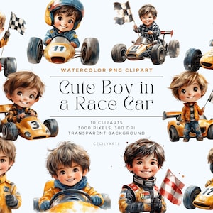 ute Boy in a Race Car Clipart, Digital Download for Nursery Decor, Birthday Party, Kids Art, Instant PNG Files, watercolor race car
