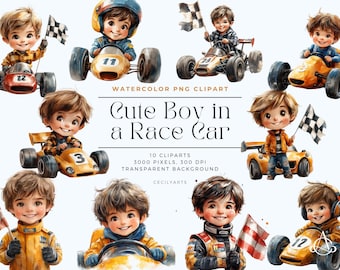 ute Boy in a Race Car Clipart, Digital Download for Nursery Decor, Birthday Party, Kids Art, Instant PNG Files, watercolor race car