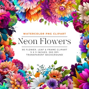 Neon Watercolor Clipart Flowers PNG, Watercolor Floral Clipart Bouquets, Elements, Commercial Use, Digital clipart PNG