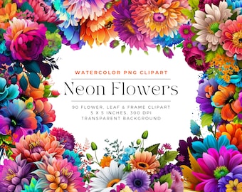 Neon acquerello clipart fiori PNG, acquerello floreale Clipart mazzi, elementi, uso commerciale, clipart digitale PNG