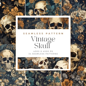 Puede incluir: Un patrón sin costuras que presenta calaveras vintage y diseños florales en tonos dorados, blancos y azules sobre un fondo oscuro. El patrón se titula "Vintage Skull" y tiene 4000 x 4000 píxeles. Hay 34 patrones sin costuras en esta colección.