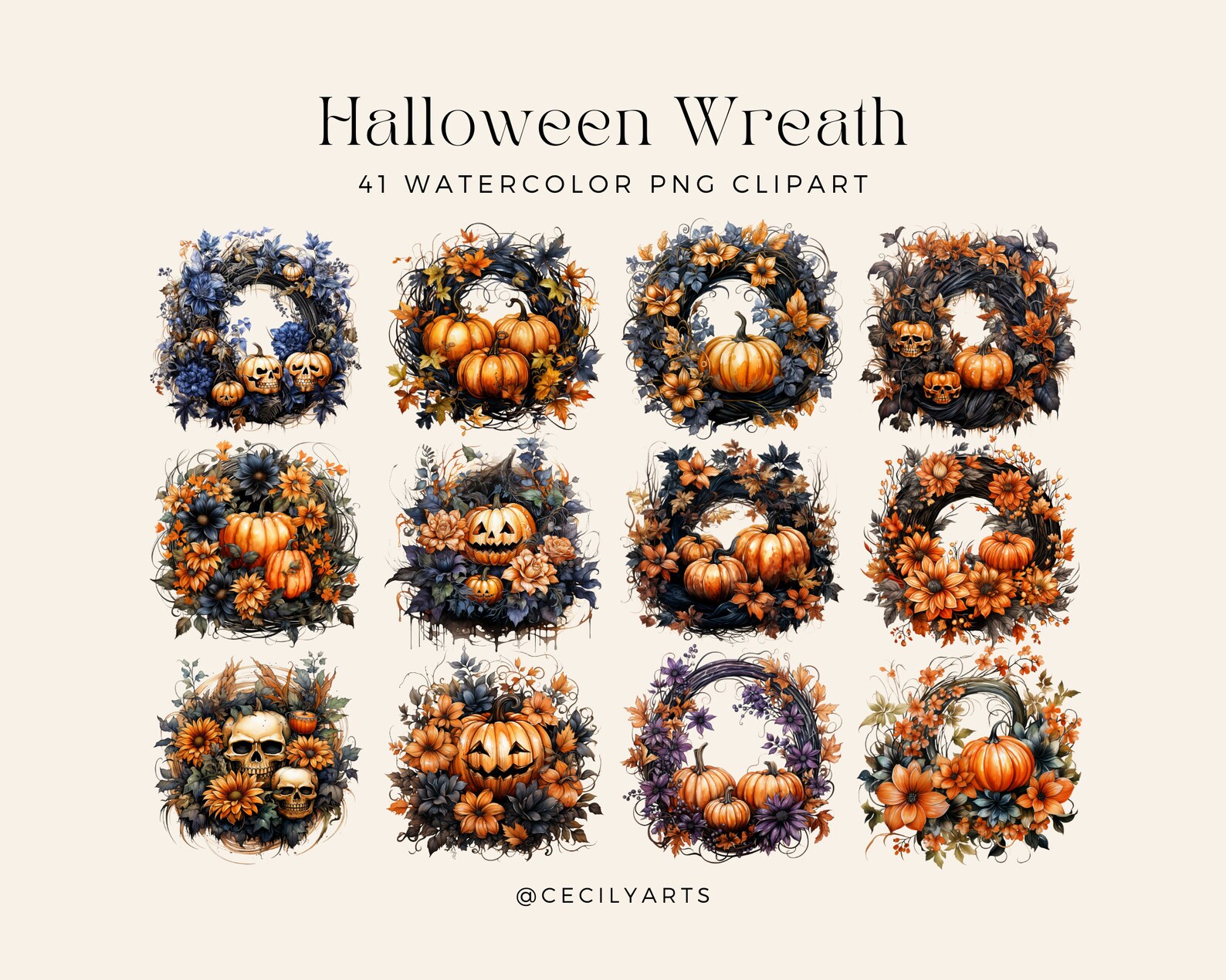 Watercolor Halloween Wreath Cliparts Collection Clipart, Pumpkin ...