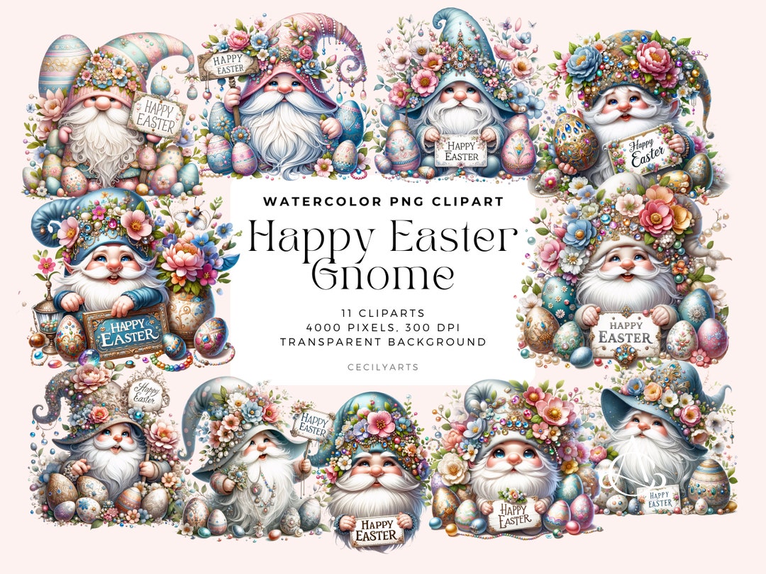 Watercolor Happy Easter Gnome Collection Clipart, PNG Easter Clipart ...