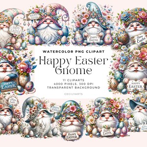 Watercolor Happy Easter Gnome Collection Clipart, PNG Easter Clipart, Easter Gnome Clipart Bundle, Spring Gnome, Commercial Use