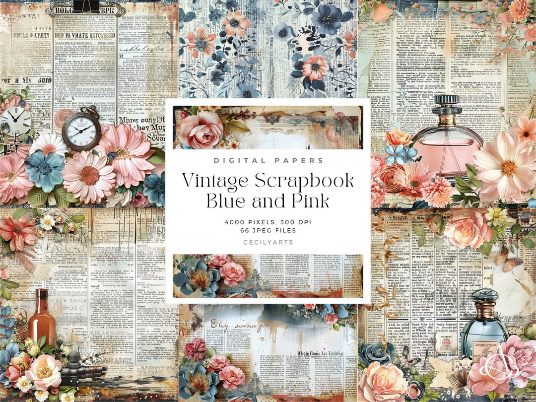 Vintage Blue and Pink Scrapbook Paper | Shabby Chic Collage Sheets for ...