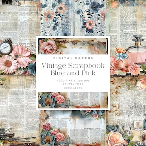 Vintage Scrapbook Page Blue and Pink Papers, Shabby Chic, Printable Paper, Digital Kit, Digital Download Papers, Collage Sheet
