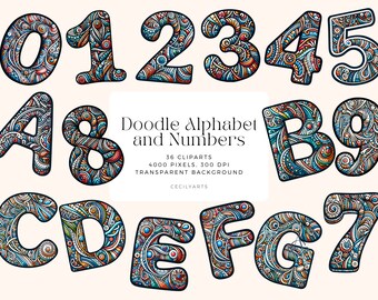 Doodle Alphabet and Numbers, Alphabet PNG, Floral Alphabet A - Z clipart,Wedding Letters