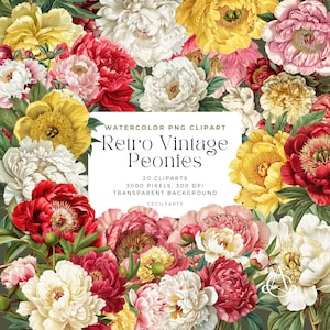 Retro Vintage Peonies Cliparts, Unique Floral Clipart, Digital Art for Scrapbooking, Crafting, DIY Projects, Elegant Floral Graphics