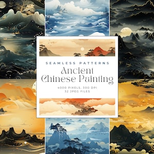 Puede incluir: Un conjunto de 32 patrones sin costuras que presentan diseños de pintura china antigua. Los patrones incluyen montañas, agua, nubes y otros elementos naturales en una variedad de colores, incluidos el azul, el verde, el amarillo y el negro. Los patrones son perfectos para crear fondos, texturas y otros elementos de diseño.