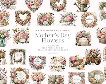 Watercolor Mother's Day Flower Clipart: Floral PNG Collection