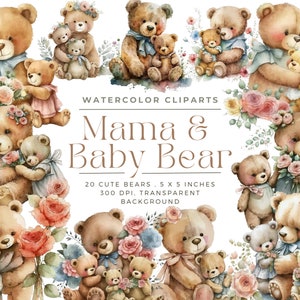 Watercolor Mama and Baby Bear Clipart, Bear watercolor Art Print, Gift for mom, Mom gift, Nursery art, Bear PNG