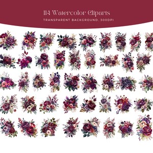 Deep Purple and Rose Red Flowers PNG, Watercolor Floral Clipart ...