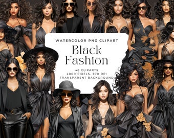 Imágenes prediseñadas de chica de moda negra en acuarela, uso comercial (descarga digital)