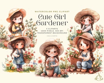 Watercolor Girl Gardener Clipart | Flower Garden PNGs for Scrapbooking & Sublimation