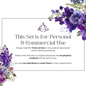 May include: A digital download graphic design set with purple flowers and text that reads "This Set is for Personal & Commercial Use. Always read the Terms of Use in the product description below before purchasing. Please note that this is a digital download and no physical products will be sent to you. You may not distribute or resell them in their original form."