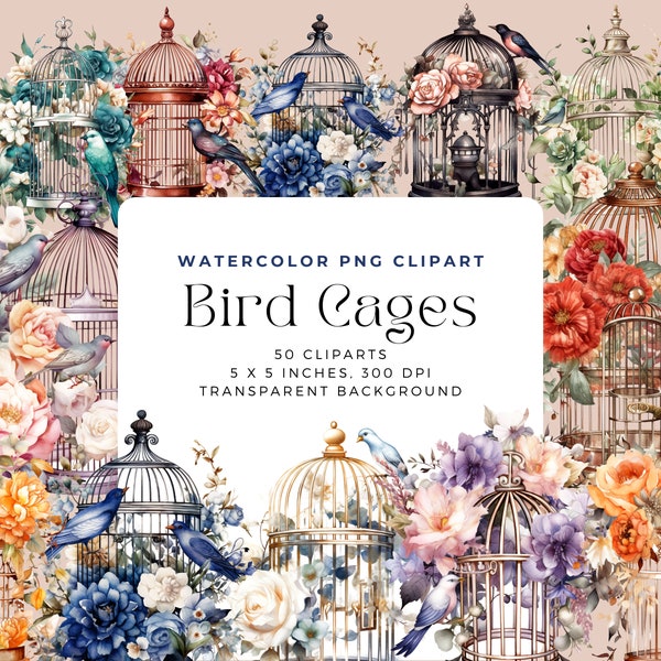 Watercolor Birdcages Clipart, floral shabby Vintage Bird Cages,digital download, digital planner Commercial License