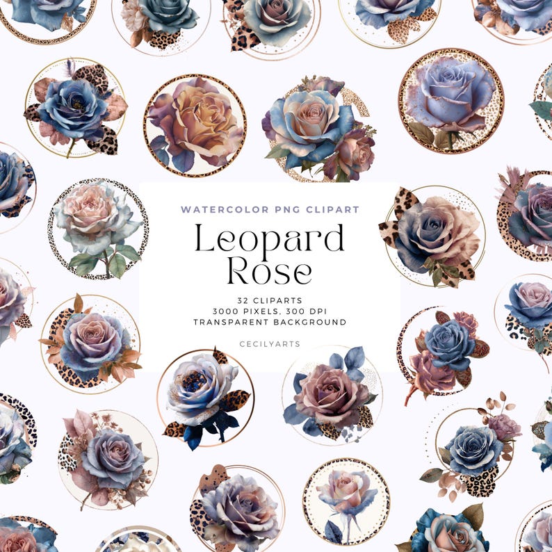 Leopard Floral Clipart: Watercolor Flowers, Junk Journal Graphics ...