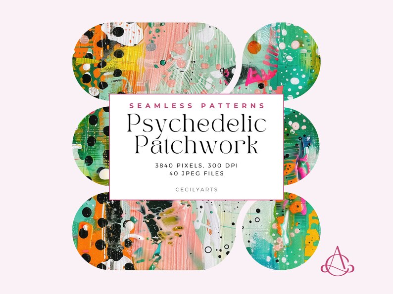 May include: A set of 40 seamless psychedelic patchwork patterns in a variety of colours, including green, pink, yellow, and black. The patterns are made up of circles, dots, and abstract shapes. The patterns are 3840 pixels, 300 DPI, and are available as JPEG files.  The text "Seamless Patterns" and "Psychedelic Patchwork" is displayed in the center of the image.