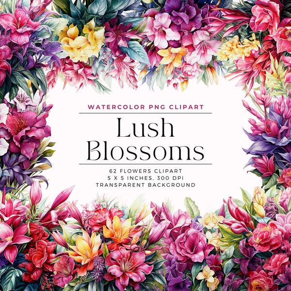 Lush Blossoms Watercolor Clipart Flowers PNG, Fuchsia Pink, Lavender, Yellow Watercolor Floral Clipart Bouquets, Digital clipart PNG