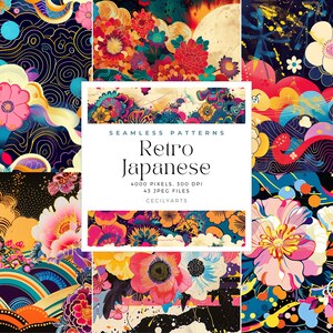 Retro Japanese Seamless Patterns, Commercial Use Digital Download, Journaling, Watercolor Seamless Pattern Tiles