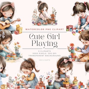 Girl Playing Clipart, Kids Clipart PNG, Digital Download, Watercolor Art, Children Playing, Instant Download, ai digital download