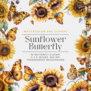 May include: Watercolour clipart set of 38 sunflowers and butterflies. The sunflowers are yellow with brown centres and the butterflies are orange, brown, and yellow. The background is transparent.  WATERCOLOR PNG CLIPART Sunflower Butterfly 38 BUTTERFLY CLIPART 5 X 5 INCHES, 300 DPI TRANSPARENT BACKGROUND