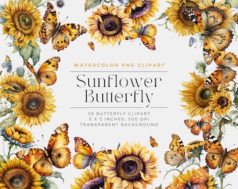 Sunflower Butterfly Flowers PNG, Watercolor Floral Clipart Bouquets, Elements, Commercial Use, Digital clipart PNG