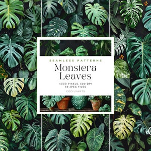 Monstera Leaves Seamless Patterns, Commercial Use Digital Download, Journaling, Watercolor Seamless Pattern Tiles
