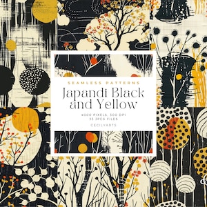 Modern Japandi Black and Yellow Seamless Patterns, Commercial Use Digital Download, Journaling, Watercolor Seamless Pattern Tiles