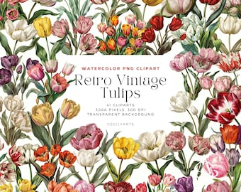 Tulips Clipart - Watercolor Floral PNG, Spring Flowers, Printable Art, Digital Download, Commercial Use