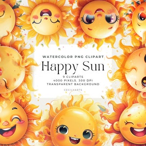 Happy Sun Clipart, acuarela lindo sol clipart, uso comercial, clip art meteorológico, licencia comercial