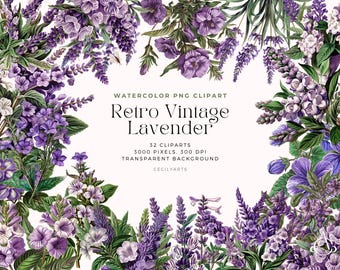 Vintage Lavender Flower Clipart: Retro Watercolor Botanical Images (Digital Download)