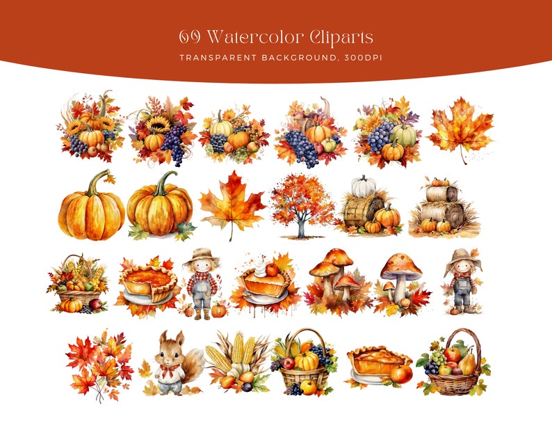 May include: A set of 69 watercolor clipart illustrations featuring autumnal themes. The illustrations include pumpkins, gourds, leaves, mushrooms, squirrels, pies, baskets of fruit, and more. The illustrations are perfect for adding a touch of fall to your projects.
